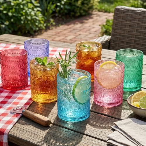 Khen Plastic Hobnail Drinking Glasses Set of 6 Bright Tones Cups 14oz, Shatterproof & Unbreakable Acrylic Beaded Design, BPA-Free, Dishwasher Safe Indoor/Outdoor Drinkware for Water, Juice, Cocktails Set of 6 - Pastel