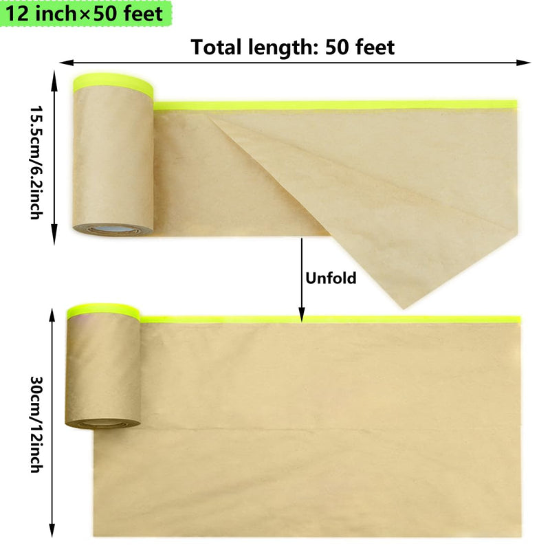 Pre-Taped Masking Paper for Painting – 6/12 Inch x 50 Ft Painters Paper Roll – Paint Masking Paper for Auto Body, Cars, Frames (2 Rolls) 12 Inch 2