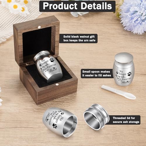 XIUDA Wooden Mini Pet Memorial Small Urns for Dog Ashes Stainless Steel Cremation Mini Urn with Black Walunt Box Funeral Pet Paw Print Keepsake Urn for Ashes 1.57inch Square Box Paw Urn