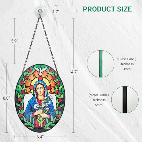 Stained Glass Window Hanging, Virgin Mary Sun Catchers Indoor Window Decor, 8.8 Inch Oval Suncatcher, Christmas Decorations, Christian Gifts for Women, Catholic Gifts for Women