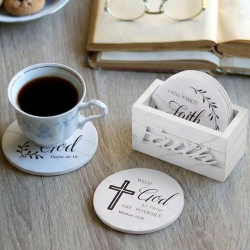 Hushee Christmas Wooden Coasters Set of 6 with Bible, White Marble