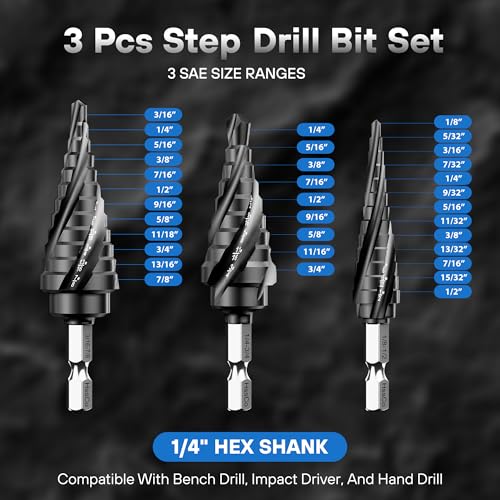 Baigao M35 cobalt step drill bit set, 3-piece with TiAlN coating and 1/4-inch hex shanks
