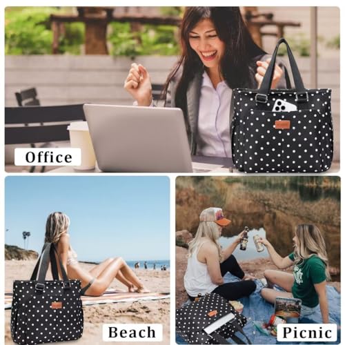 HSHRICH Insulated Lunch Bag Women - Large Tote Lunch Box For Work X-Large 17-White Dots