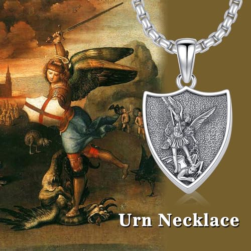 Saint Michael Urn Necklace for Ashes 925 Sterling Silver St Michael Pendant Cremation Keepsake Jewelry Christian Memorial Gifts for Men Women