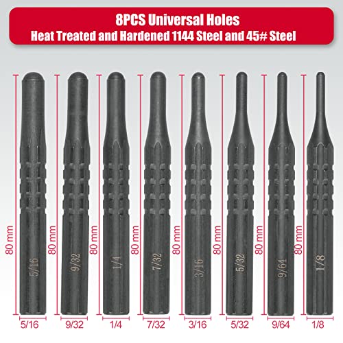Pridefend 8-piece roll pin punch set with solid steel punches and bench block for machinery maintenance