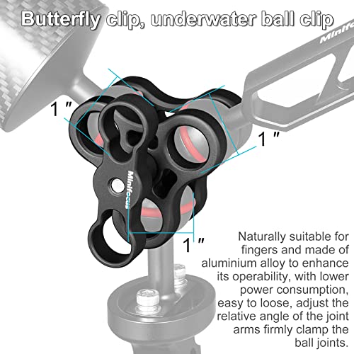 MINIFOCUS 2PCS 1'' Aluminum Triple Holes Ball Clamp Mount for Underwater Diving Light Arms Tray System, Photography Diving Camera, 360° Clip for GoPro Action Camera Flashlight Arms System 2 Pcs 3 Holes