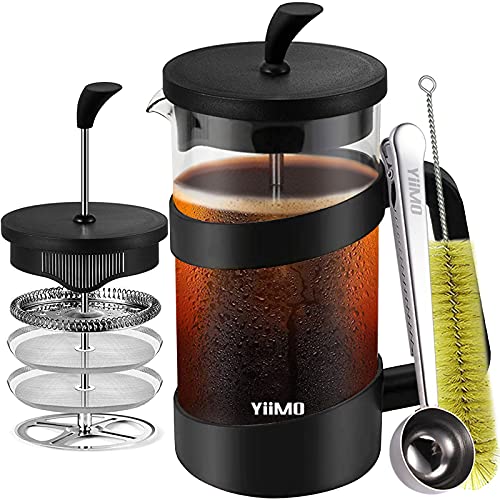 French Press Coffee Maker, 34 Oz Large Glass Pitcher 4 Level Filter System Café Carafe Teapot plus Stainless Coffee Spoon n Cleaner Brush for Hot Cold Brew