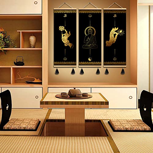 MBOUFOEY 3Pcs Buddhism Zen Art Buddha Hand Gestures Gold Black Canvas Wall Art Yoga Print Poster Wood Scroll Frame with Tassel Painting Home Decor Artwork Ready To Hang (40x105cm 3pcs) 40x105cm 3pcs