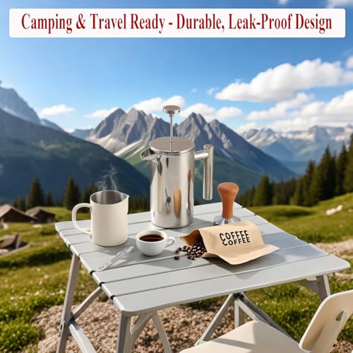 Stainless Steel French Press Coffee Maker - Portable Cafetiere 3 Cup Espresso Coffee Press - Double Wall Insulated, Triple Mesh Filter - Perfect for Home, Office, Camping & Travel (20 Oz) 20 Oz