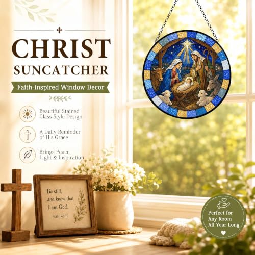 Nativity Set Suncatcher Stained Glass Window Hanging Christmas Nativity Ornament Gifts Christian Religious Gifts for Women Nativity Decor Jesus Sun Catcher Home 6.3 in 6.3 x 6.3 IN