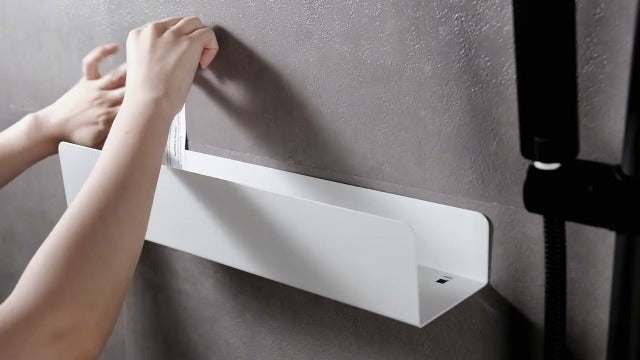 REKITA No Drill Shower Shelf Organizer, 40cm Stainless Steel Bathroom Storage with 4 Removable Hooks, Adhesive Wall Mounted Shower Caddy, Rustproof Bath Shelf for Bathroom Kitchen Living Room White