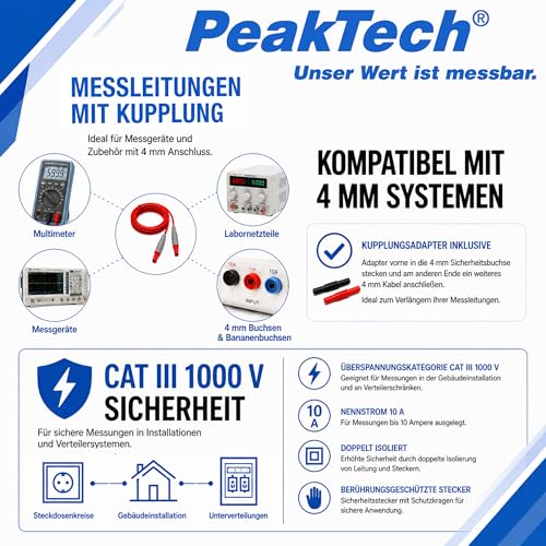 PeakTech Insulated 4 mm Connection Cables with Extender, 1 x Cat III 1000 V, P 7005 Single
