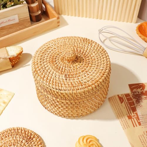 MAGICLULU Rattan Box with Lid Small Rattan Desktop Storage for Jewelry Snacks Bread and Sundries Woven Basket for Balcony Windowsill Dining Table Home Decor 5.59 X 5.51 X 3.07 in