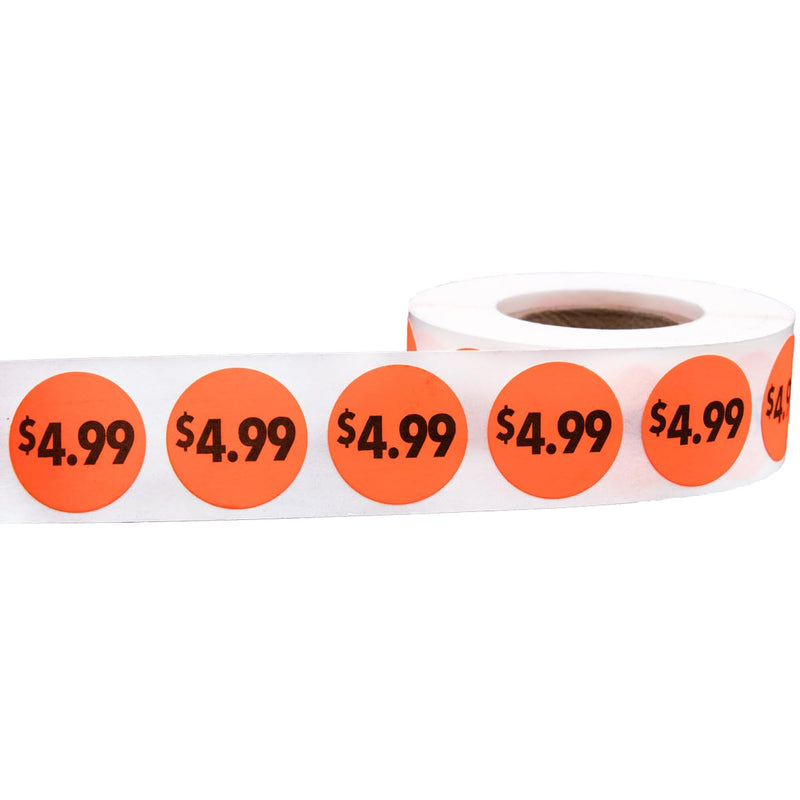 Fluorescent Red 4.99 Circle Dot Stickers, 3/4 Inch Round Price Labels, 500 Total Adhesive Stickers on a Roll for Retail Pricing, Inventory, Sales, and Promotions – Made in The USA $4.99