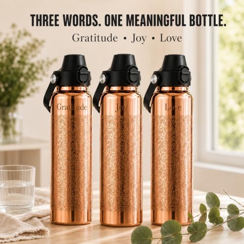Kamojo Pure Copper Water Bottle for Drinking – Etched Handcrafted Design, Flip-Top Push Button Lid, Copper Straw & Insulating Sleeve – Ayurvedic Cup