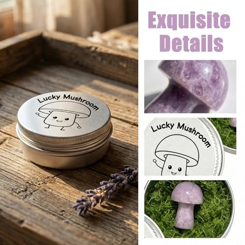 Amethyst Crystal Mushroom in Tin Box, Emotional Support Mushroom,Healing Crystal Gifts for Women, M-ushroom Trinkets & Gifts, Spiritual G-ift Set with Positive Affirmation