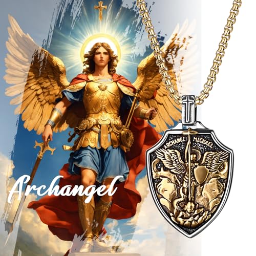 JewelryWe St Michael Archangel Necklace: Men Women St Christopher Gold Stainless Steel Religious Medallion Pendant Catholic Protection Amulet Jewelry Gift gold Michael