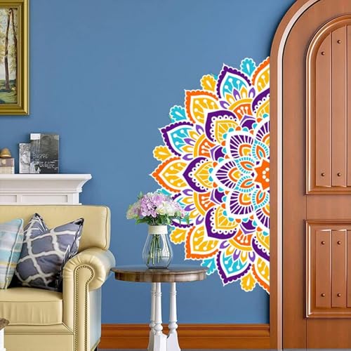 KYMY Mandala Wall Sticker, Indian Deepavali Rangoli Namaste Flower Vinyl Decals, Removable Peel & Stick Mandala Wall Clings for Diwali Festival of Lights Living Room Bedroom Sofa Art Decor