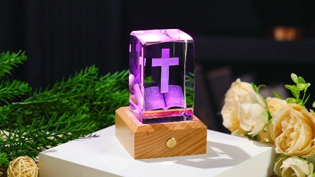 Arikyrist 3D Crystal Cross and Bible Gifts with Wooden Colorful LED Base