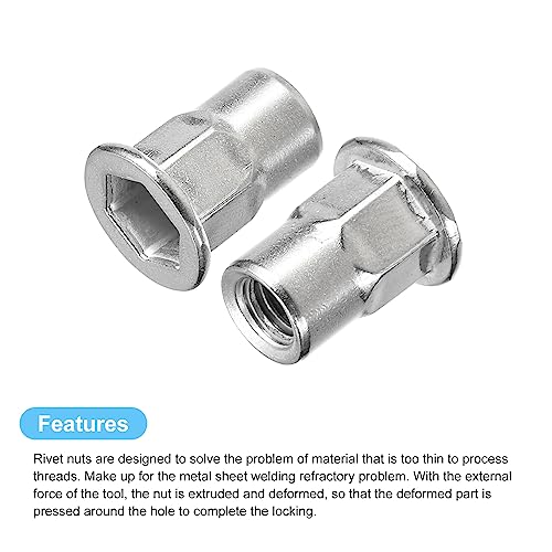 uxcell M6 half hex body rivet nuts, 304 stainless steel threaded insert nuts, 100-piece set
