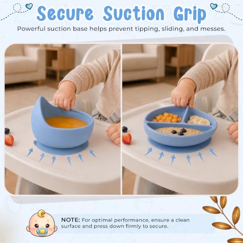 Baby Feeding Essentials Silicone Baby Feeding Set 15-Pcs | Suction Plate with Lid, Bowl, Adjustable Bib, Sippy Cup, Snack Cup, Spoon, Fork, Pacifier, Brush & Ice Tray | CE & CPC Certified Gray Blue
