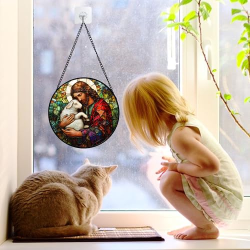 Jesus Little Lamb Stained Glass Window Hanging Suncatcher Easter Gifts 6.3" Red and White 6.3x6.3 IN