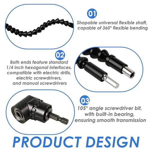 Angle Gear Adapter for Cordless Screwdriver, Angle Screwdriver Attachment, Flexible Shaft & Bit Holder for Tight Spaces, Angle Wrench Adapter for Hammer Drill and Torque Wrench