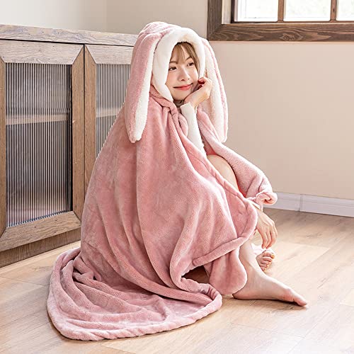 Cute Bunny Ear Wearable Throw Blanket with Hand Gloves for Women Girls 59inch Length Warm Cozy Plush Flannel Hoodie Poncho Pink(flannel)