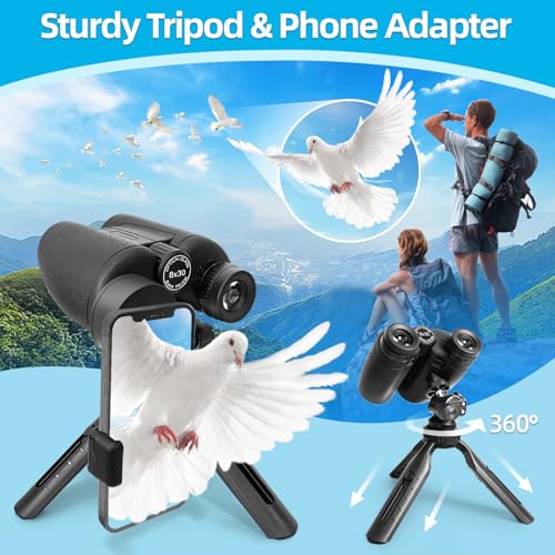 8x30 Binoculars for Adults & Kids with Tripod & Phone Adapter Black With Accessories
