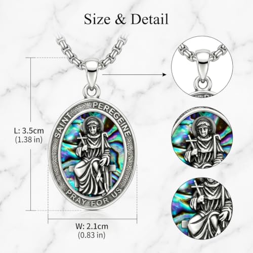 DAYLINLOVE Saint Peregrine Necklace 925 Sterling Silver Saint of Cancer Abalone Shell Pendant Necklace Christian Religious Catholic Jewellery Gift for Women Men
