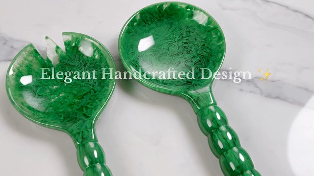 SS CRAFTS INDIA Premium Resin Salad Server Set (2 Pcs, 11.5-Inch) – Elegant Beaded Handle Serving Spoon & Fork, Kitchen Utensils for Salad, Pasta & Fruits, Unique Housewarming & Wedding Gift – Green