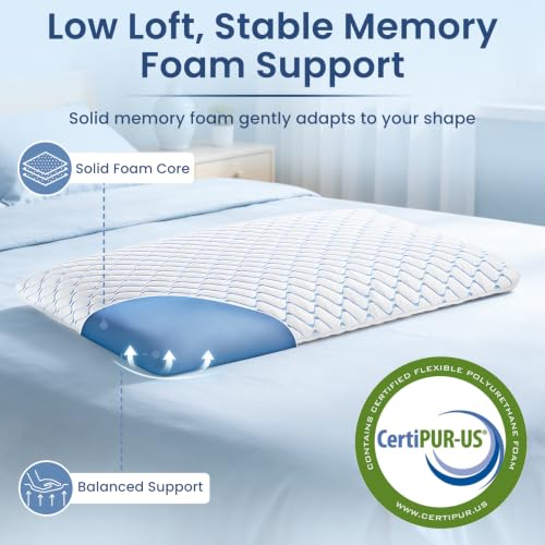 3.25" Ultra Thin Memory Foam Pillow with Cool-to-Touch Cover, Low Profile Flat Bed Pillow for Back & Stomach Sleepers, Standard Size 3.25'' Low Profile - Low+