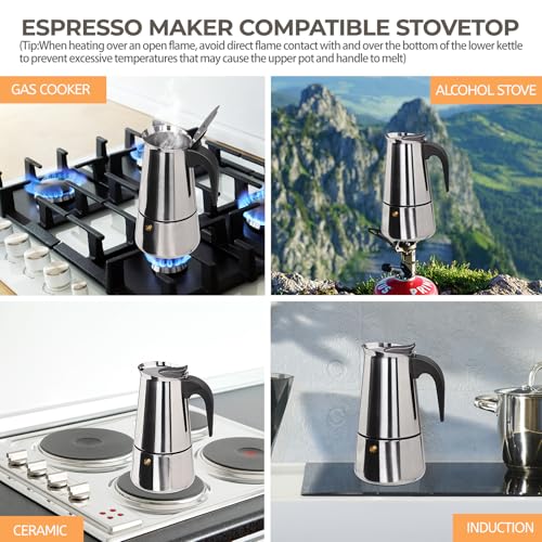 Stainless steel Mogrecha 4-cup 200ml stovetop Moka Pot for espresso brewing on the stove.