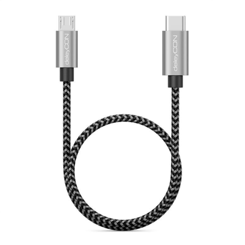 deleyCON 0.30 m USB-C to Micro USB Cable Adapter - Black | Short 30 cm, charging cable and data cable for mobile phone, smartphone, tablet, camera, charger, notebook, etc. 0.3 M