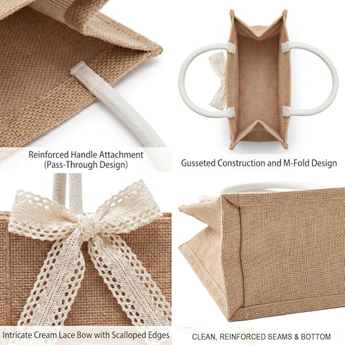 Beige small burlap tote bag with handles and removable lace bows, reusable grocery bag by Lifory for weddings.