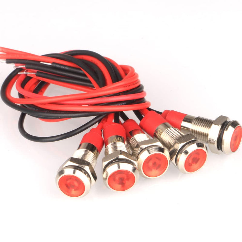 [Australia - AusPower] - 6mm 3V-4.5V-5V-6V-7.5V-9VDC Waterproof Signal Lamp with Wire, LED Metal Indicator Light Energy Saving(5pcs x Red LED) 
