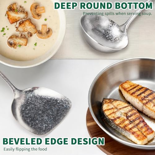 Newness stainless steel soup ladle and solid turner, pure titanium soup spoon and turner, kitchen utensils for serving and cooking