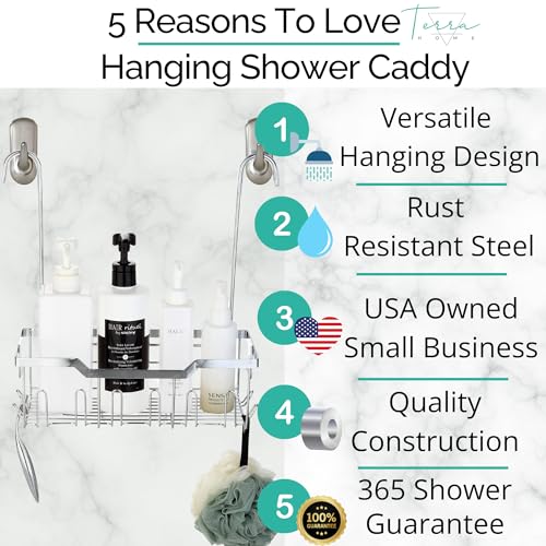 Small Shower Caddy Hanging - Shower Door Caddy Hanging with Rotatable Hooks and Adhesive Mount - Perfect for Bathroom Toiletries - Spacious & Convenient Bathroom Storage Solution 304 Stainless Steel Single Tier - Silver