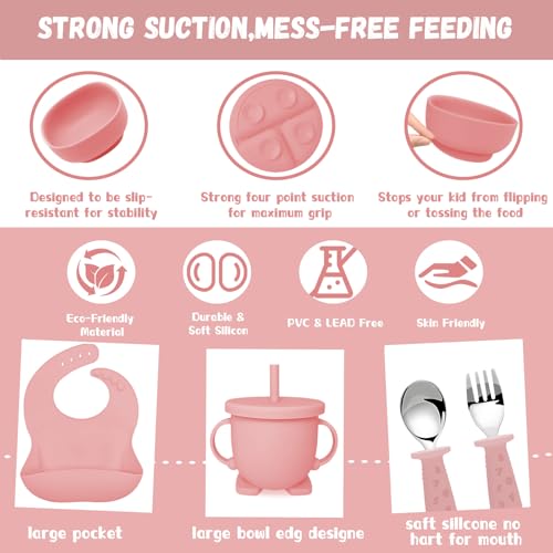 Silicone Baby Feeding Set, 14 Pcs Baby Led Weaning Supplies, Baby Spoons & Forks Suction Bowl Divided Plate Bib Cup, First Stage Solid Food Eating Utensils - 6+ Months (Pink) Pink