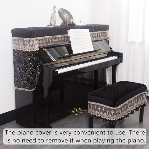 Luxury Velvet Piano Cover for Upright Pianos, Black with Gold Stars and Lace Trim, Quilted Top