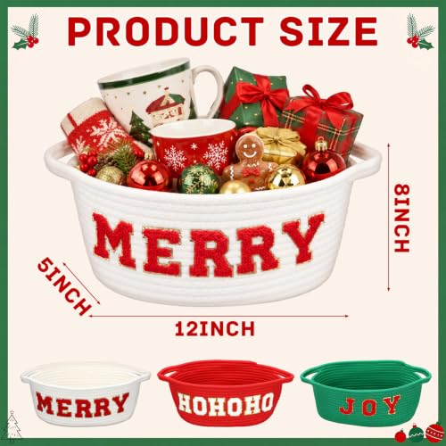 Fumete 3-piece Christmas baskets with chenille rope weave, used for ornament storage, featuring empty woven basket design
