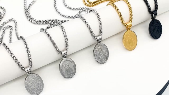 P. BLAKE Oval Saint Christopher/Michael/Joseph/Jude/Virgin Mary/Joseph/Francis/Patrick/Anthony/Benedict/Thomas Necklace for Men Women, Stainless Steel Catholic Patron Pendant with Chain 24 Inches Black St.Christopher