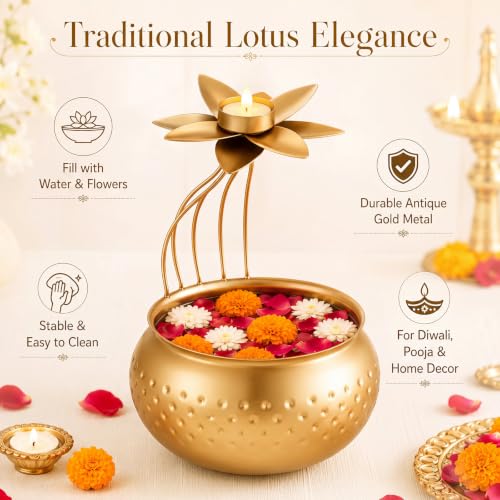 LemonRoad Diwali Urli Bowl with Lotus Tealight Candle Holder 10 Inch