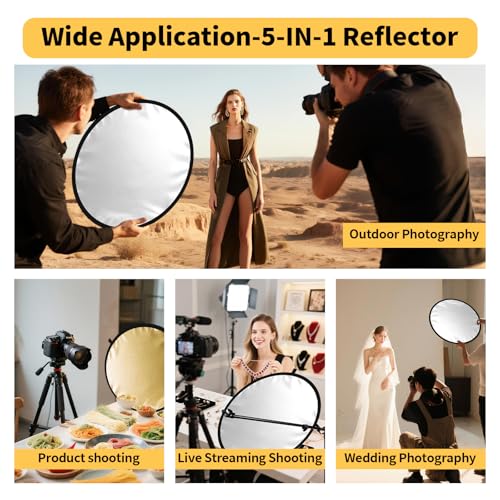 24/32/43/52in Light Reflectors for Photography with 5 in 1 Light Diffuser Panel &Bag,Photography Reflector Ideal for Content Creator Essentials&Photographer in Silver,Gold,White and Black 52inch/130cm