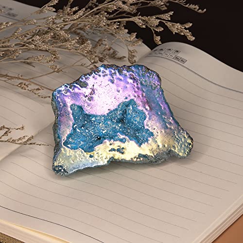 TUMBEELLUWA Titanium Coated Blue Crystal Cluster Geode for Home Decor Medium