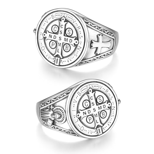 ADMETUS St Benedict Ring for Men 925 Sterling Silver Saint Benedict Ring Exorcism San Benito Medalla Rings for Men Protection Jewellery Religious Gifts Rings Size P1/2