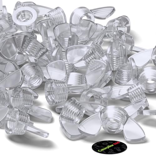Caterpillar Red M5 clear acrylic plastic butterfly wing nuts, 20-piece set, shown from above