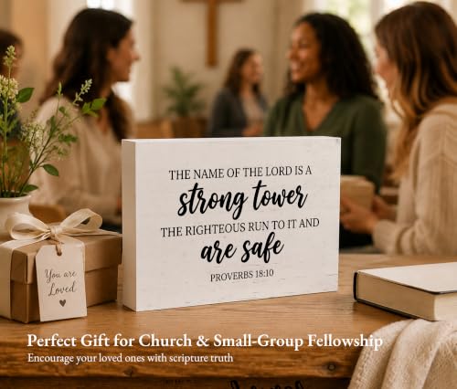 Christian Desk Decor, Proverbs 18:10 Bible Verse Rustic Farmhouse Wood Block Sign, Inspirational Gift for Women & Men, Perfect for Daily Encouragement -A64