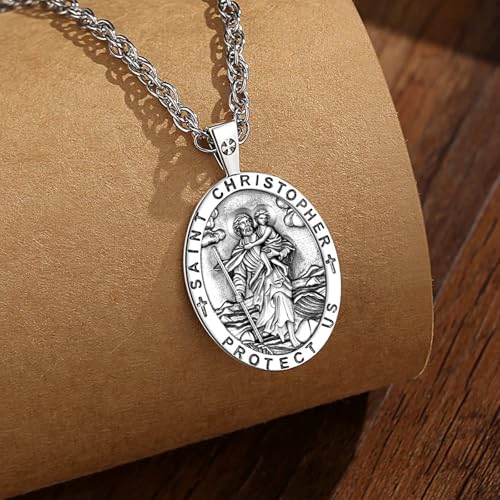 925 Sterling Silver Archangels Necklace for Women Men, Saint Christopher Medal St Michael Virgin Mary St Benedict Pendant Original Protection Amulet Jewelry Gift, 22"+2" St Christopher-1