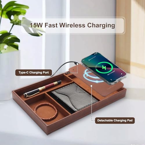 TopMade brown valet tray with wireless charging, jewelry organizer for men, all-in-one nightstand tray with classic style.